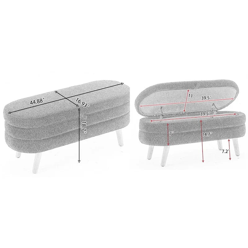 Banc de rangement en tissu bouclé avec pieds en bois pour chambre et salon