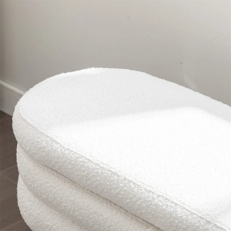 Banc de rangement en tissu bouclé avec pieds en bois pour chambre et salon