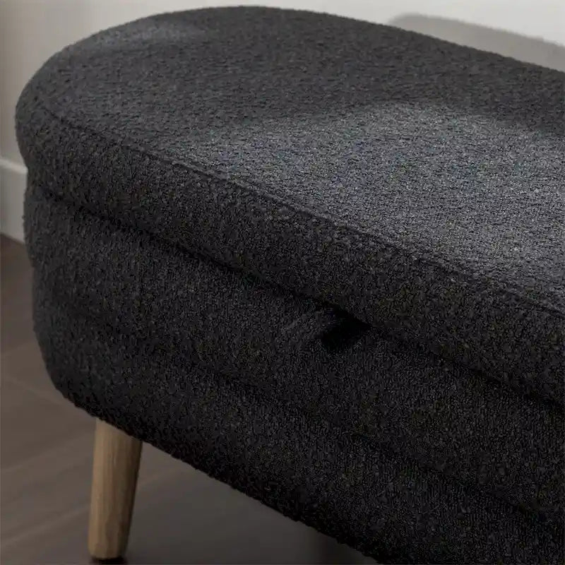 Banc de rangement en tissu bouclé avec pieds en bois pour chambre et salon
