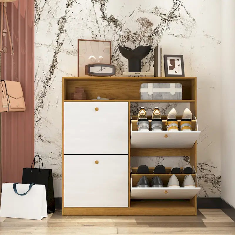 Meuble à chaussures avec 4 tiroirs abattants, Organisateur de rangement pour chaussures avec poignée Meuble à chaussures autonome avec dispositif anti-basculement