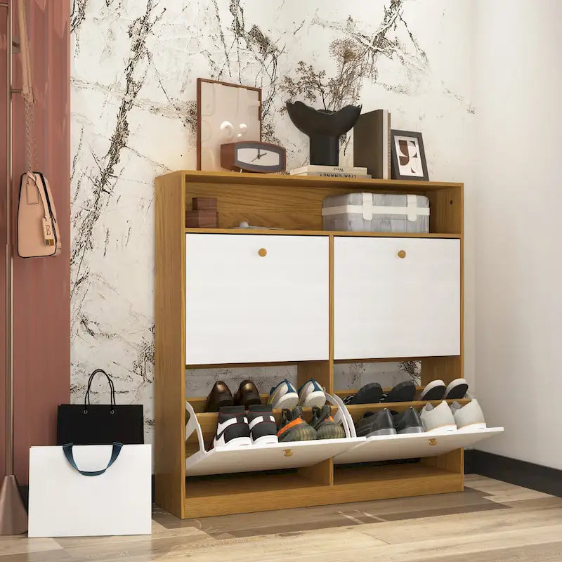 Meuble à chaussures avec 4 tiroirs abattants, Organisateur de rangement pour chaussures avec poignée Meuble à chaussures autonome avec dispositif anti-basculement