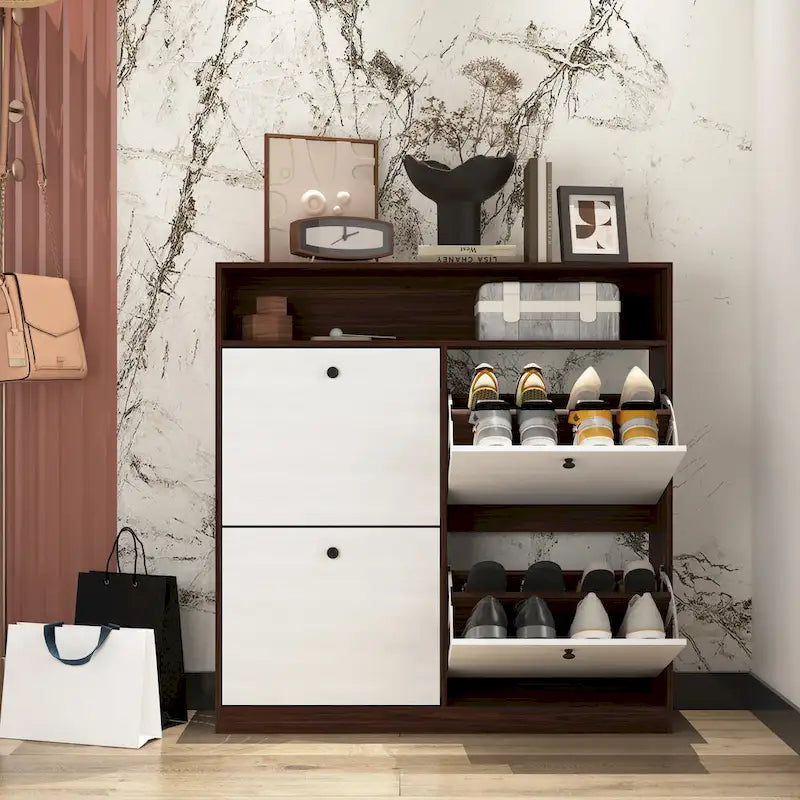 Meuble à chaussures avec 4 tiroirs abattants, Organisateur de rangement pour chaussures avec poignée Meuble à chaussures autonome avec dispositif anti-basculement
