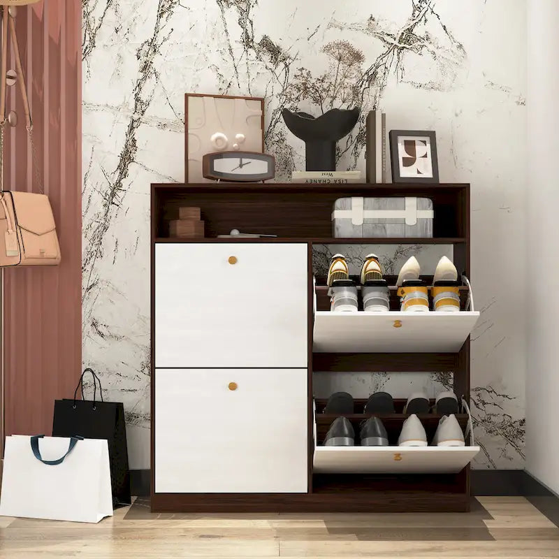 Meuble à chaussures avec 4 tiroirs abattants, Organisateur de rangement pour chaussures avec poignée Meuble à chaussures autonome avec dispositif anti-basculement