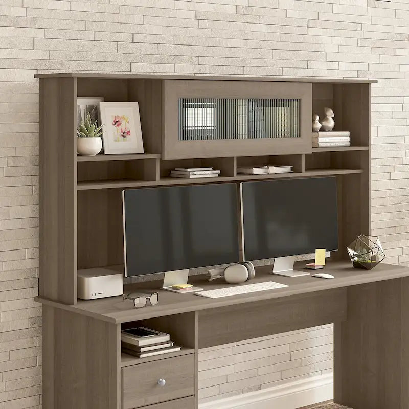 Surmeuble de bureau 72W avec porte en verre cannelé et étagères ouvertes