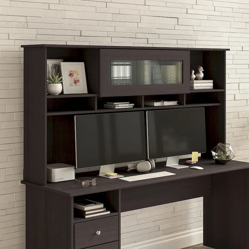 Surmeuble de bureau 72W avec porte en verre cannelé et étagères ouvertes