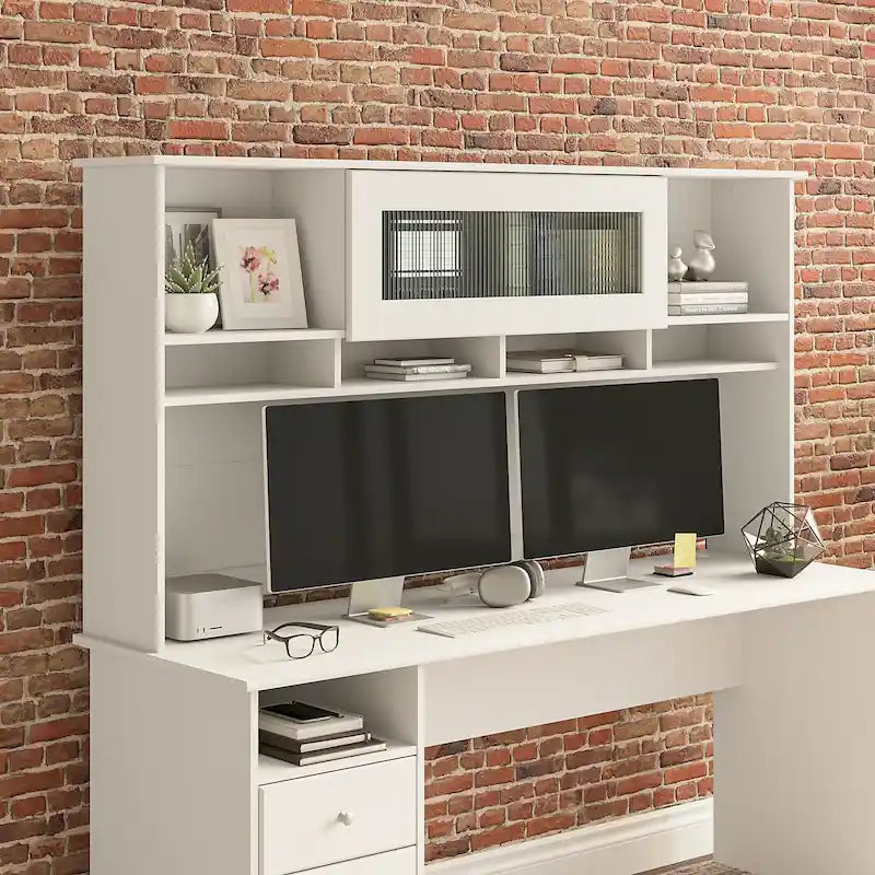 Surmeuble de bureau 72W avec porte en verre cannelé et étagères ouvertes