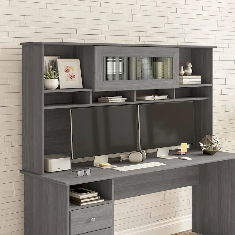 Surmeuble de bureau 72W avec porte en verre cannelé et étagères ouvertes