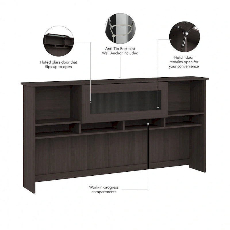 Surmeuble de bureau 72W avec porte en verre cannelé et étagères ouvertes