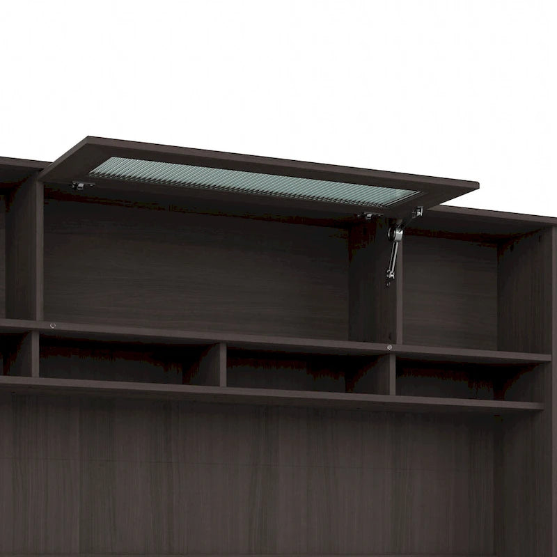 Surmeuble de bureau 72W avec porte en verre cannelé et étagères ouvertes