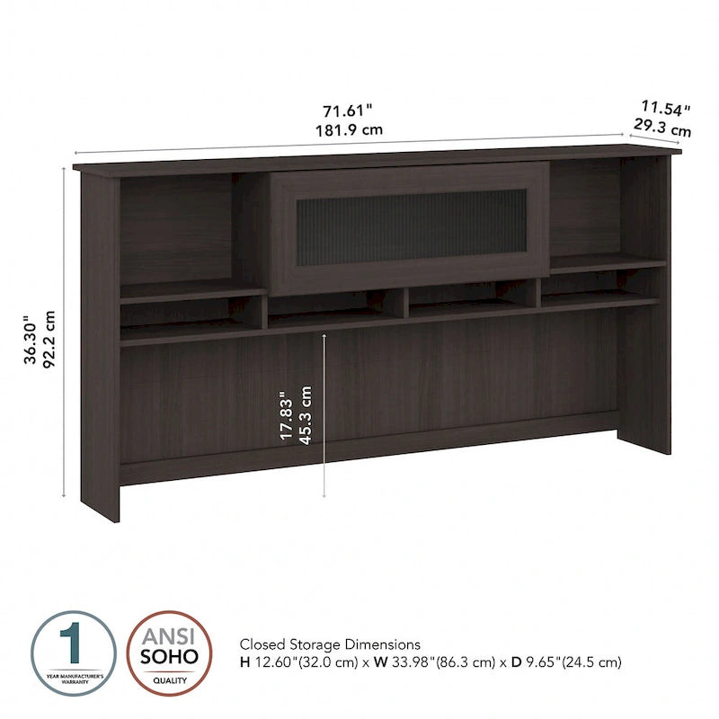 Surmeuble de bureau 72W avec porte en verre cannelé et étagères ouvertes