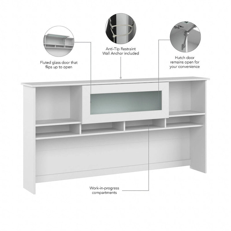 Surmeuble de bureau 72W avec porte en verre cannelé et étagères ouvertes