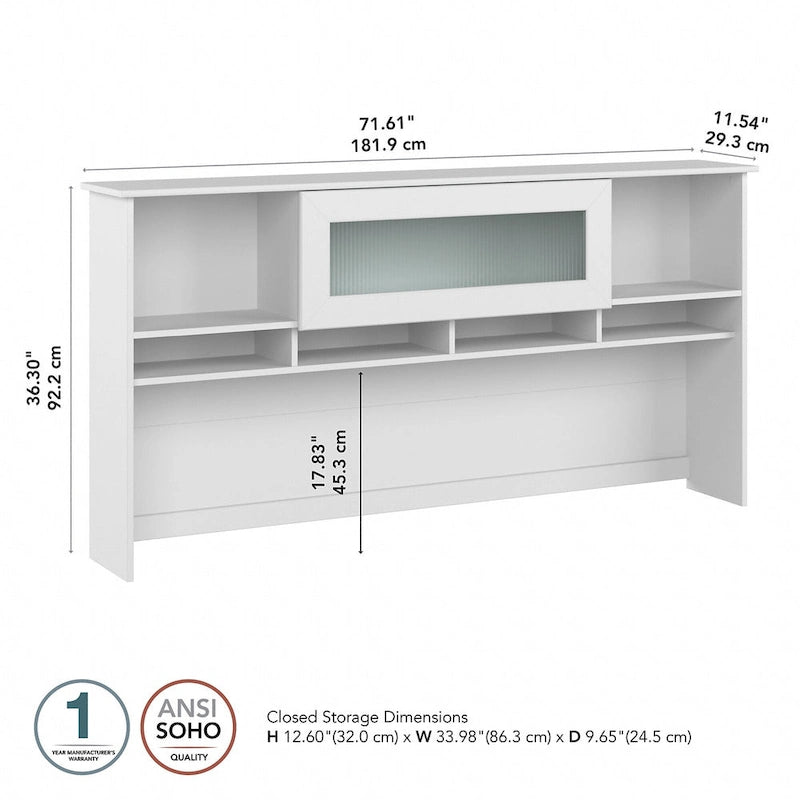 Surmeuble de bureau 72W avec porte en verre cannelé et étagères ouvertes