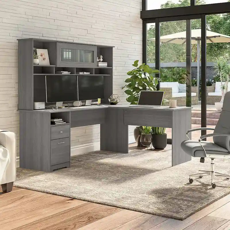 Surmeuble de bureau 72W avec porte en verre cannelé et étagères ouvertes