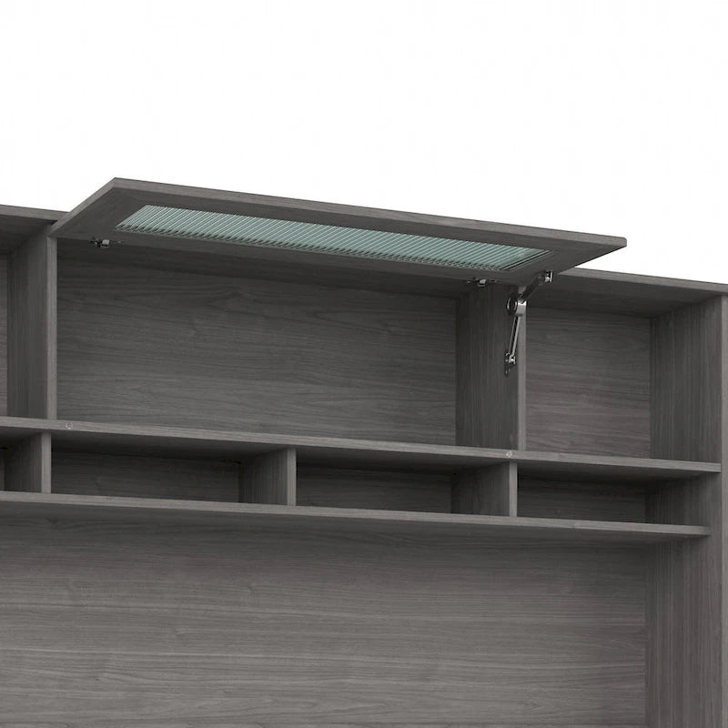 Surmeuble de bureau 72W avec porte en verre cannelé et étagères ouvertes