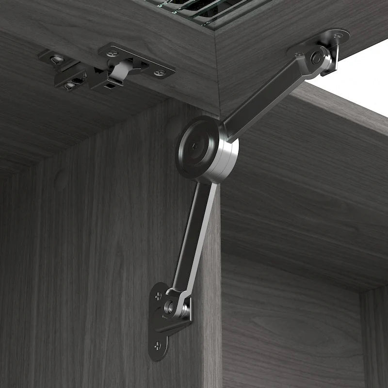 Surmeuble de bureau 72W avec porte en verre cannelé et étagères ouvertes