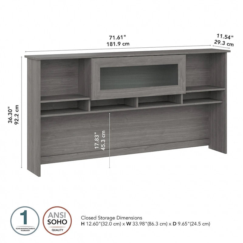 Surmeuble de bureau 72W avec porte en verre cannelé et étagères ouvertes