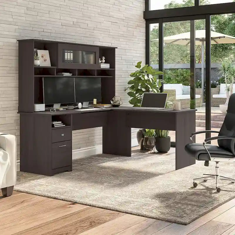 Surmeuble de bureau 72W avec porte en verre cannelé et étagères ouvertes