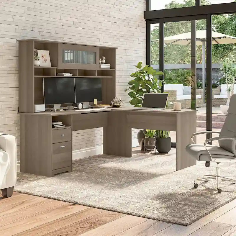 Surmeuble de bureau 72W avec porte en verre cannelé et étagères ouvertes