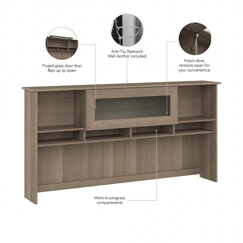 Surmeuble de bureau 72W avec porte en verre cannelé et étagères ouvertes