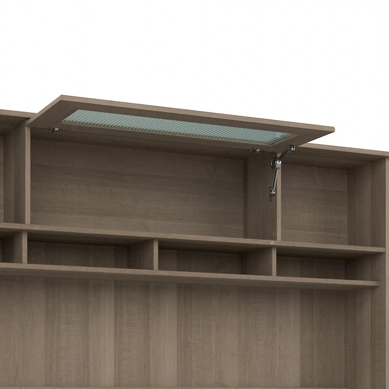 Surmeuble de bureau 72W avec porte en verre cannelé et étagères ouvertes