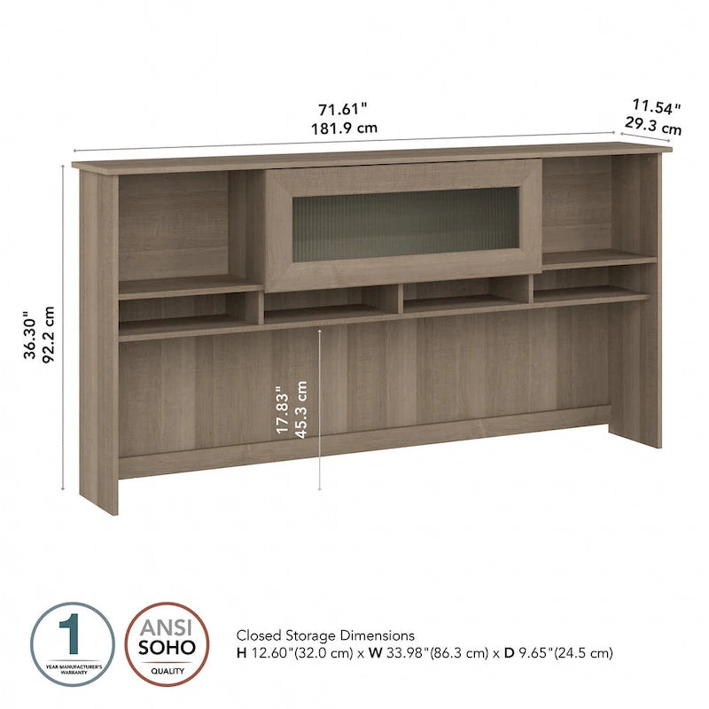 Surmeuble de bureau 72W avec porte en verre cannelé et étagères ouvertes