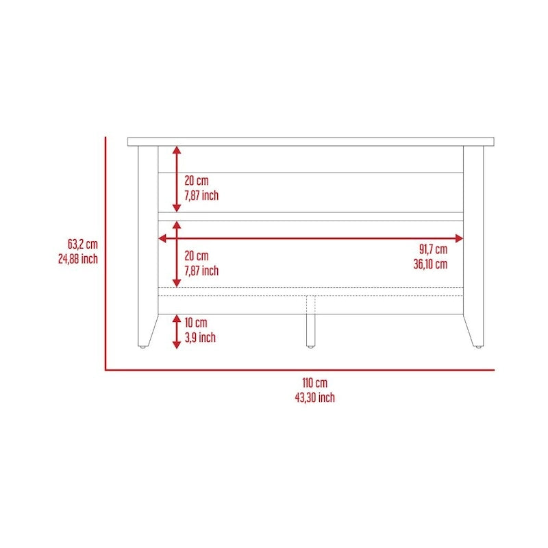 Banc de rangement avec 2 étagères ouvertes et 4 pieds