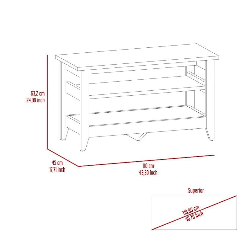 Banc de rangement avec 2 étagères ouvertes et 4 pieds