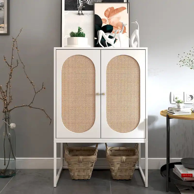 Armoire de rangement de bureau en rotin, meuble d'appoint à 2 portes avec étagère réglable - N/A