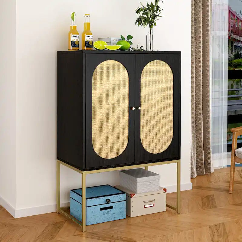 Armoire de rangement de bureau en rotin, meuble d'appoint à 2 portes avec étagère réglable - N/A