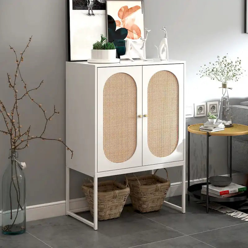 Armoire de rangement de bureau en rotin, meuble d'appoint à 2 portes avec étagère réglable - N/A