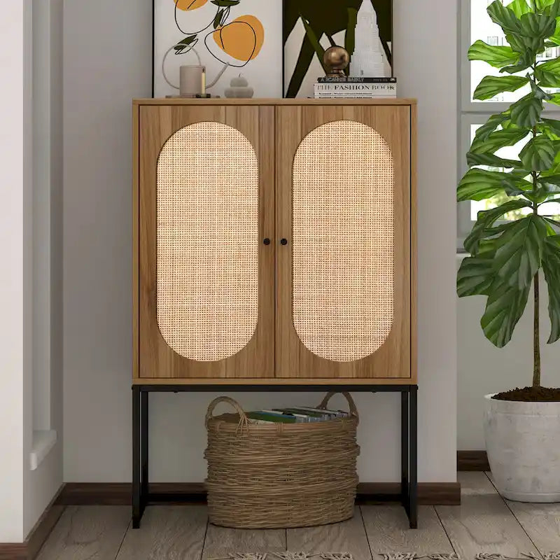 Armoire de rangement de bureau en rotin, meuble d'appoint à 2 portes avec étagère réglable - N/A
