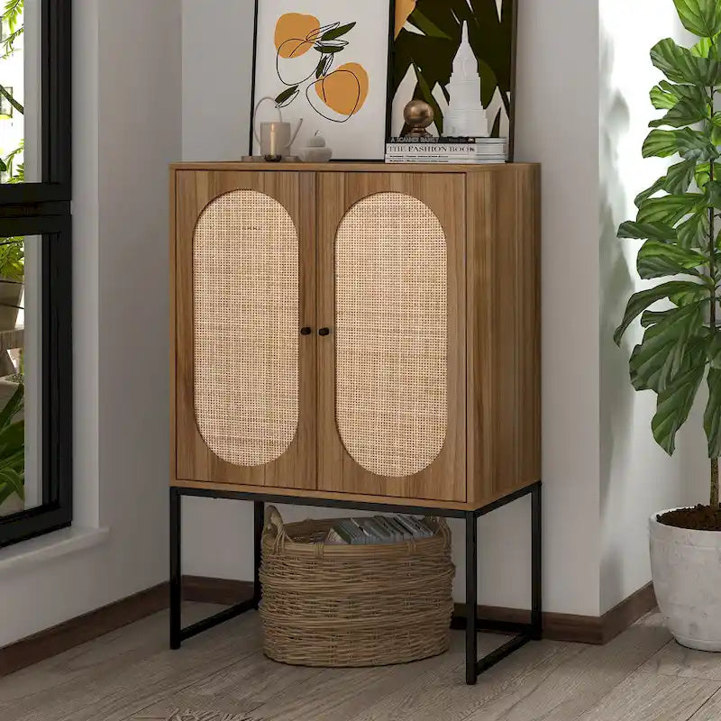 Armoire de rangement de bureau en rotin, meuble d'appoint à 2 portes avec étagère réglable - N/A