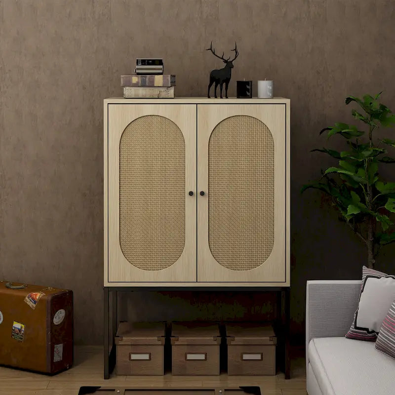 Armoire de rangement de bureau en rotin, meuble d'appoint à 2 portes avec étagère réglable - N/A