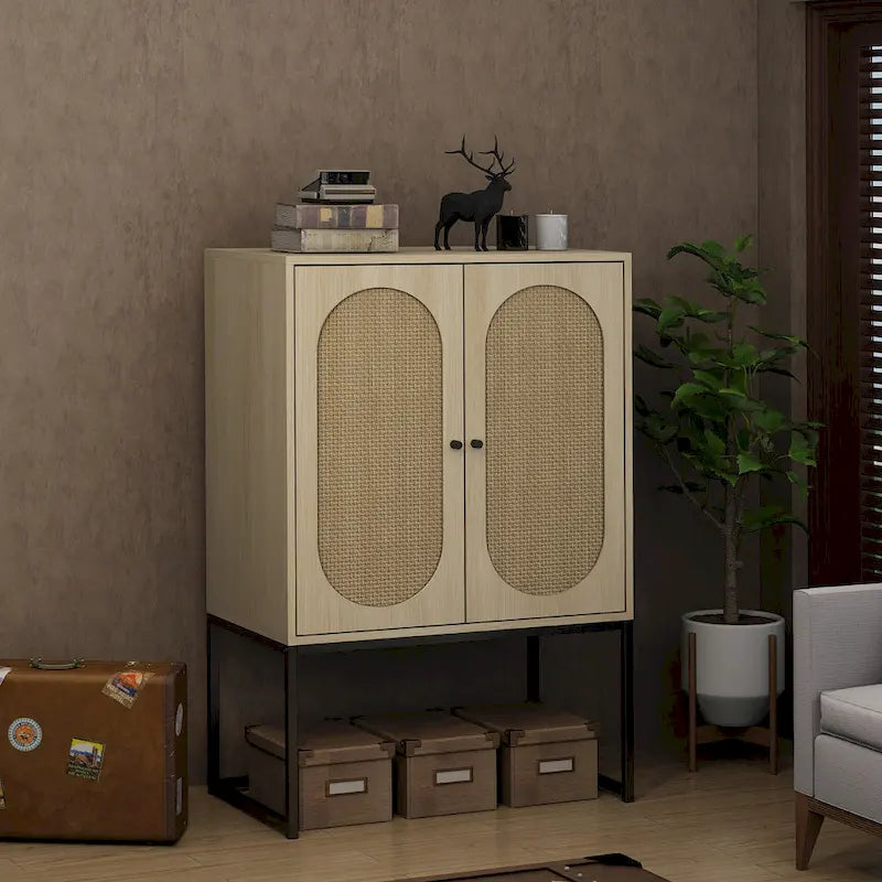 Armoire de rangement de bureau en rotin, meuble d'appoint à 2 portes avec étagère réglable - N/A