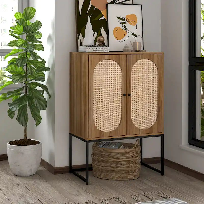 Armoire de rangement de bureau en rotin, meuble d'appoint à 2 portes avec étagère réglable - N/A