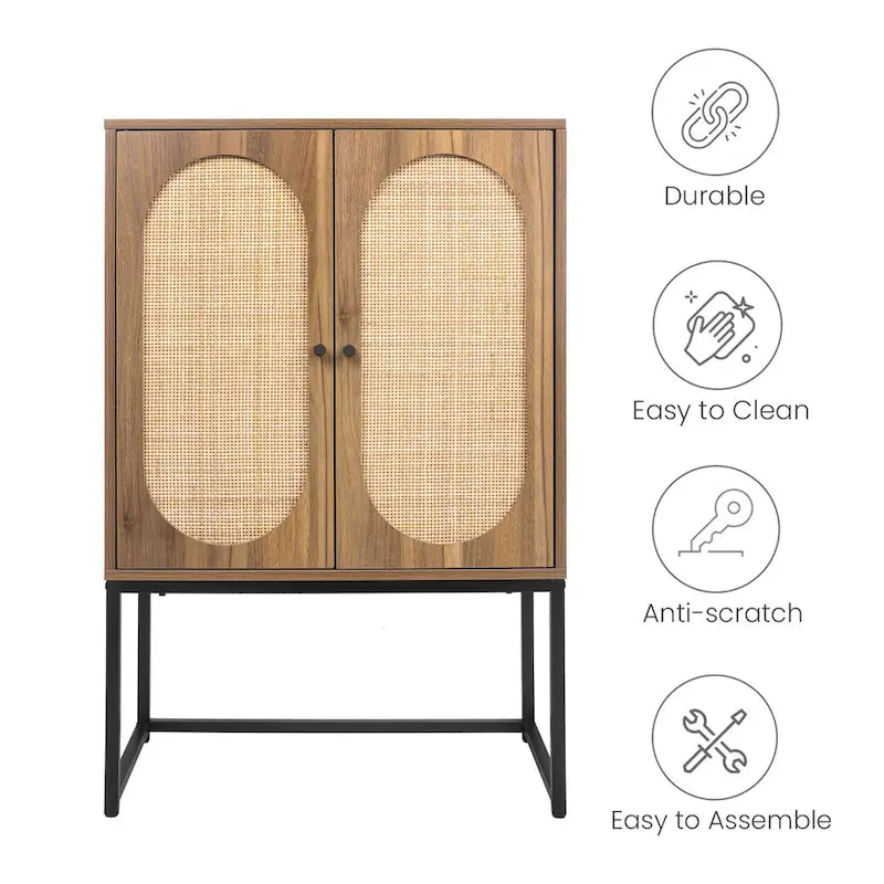 Armoire de rangement de bureau en rotin, meuble d'appoint à 2 portes avec étagère réglable - N/A