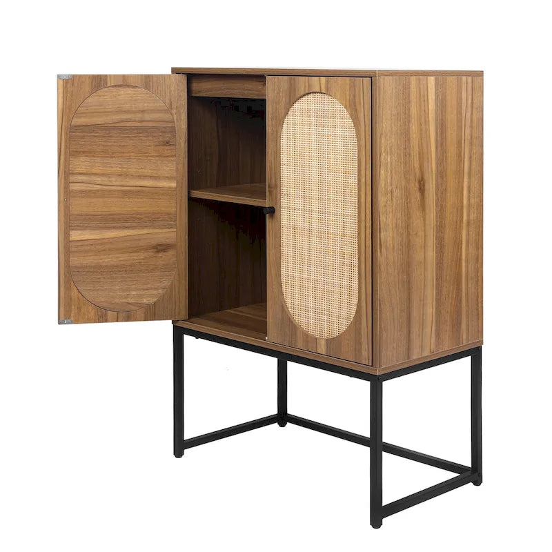 Armoire de rangement de bureau en rotin, meuble d'appoint à 2 portes avec étagère réglable - N/A