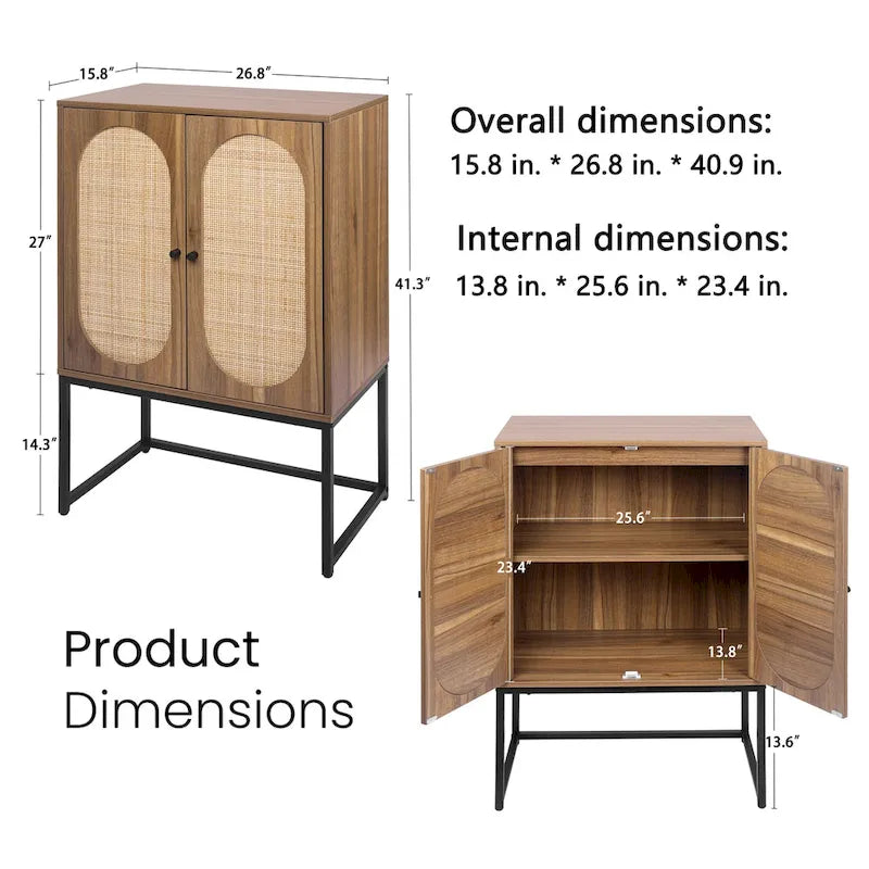Armoire de rangement de bureau en rotin, meuble d'appoint à 2 portes avec étagère réglable - N/A