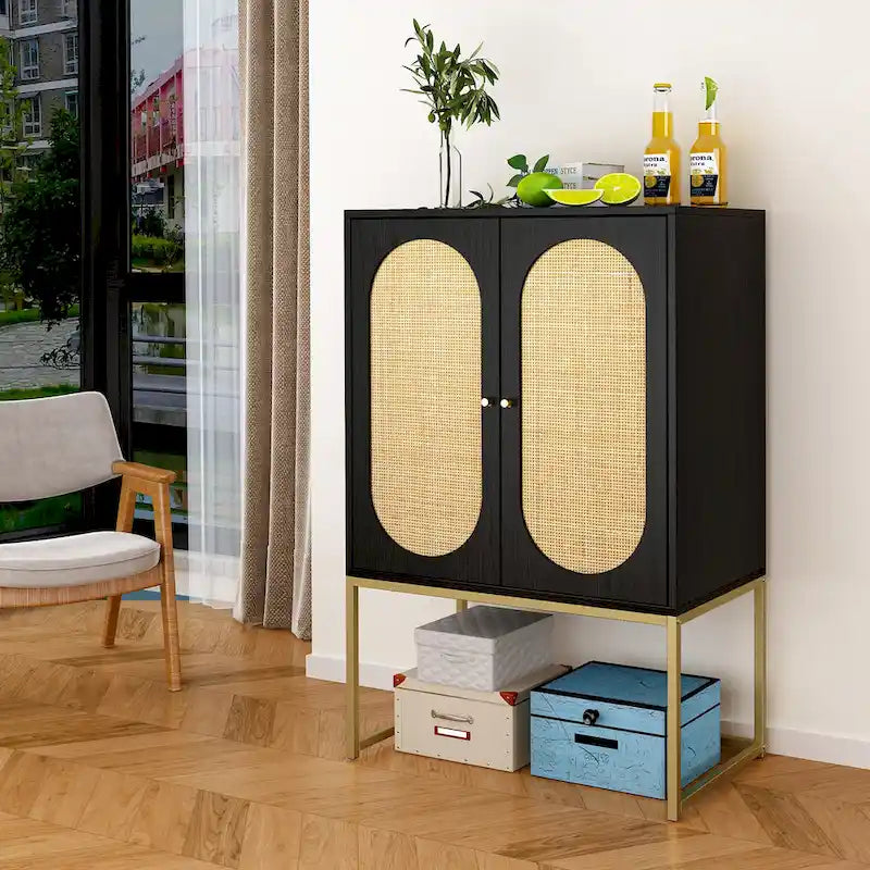 Armoire de rangement de bureau en rotin, meuble d'appoint à 2 portes avec étagère réglable - N/A