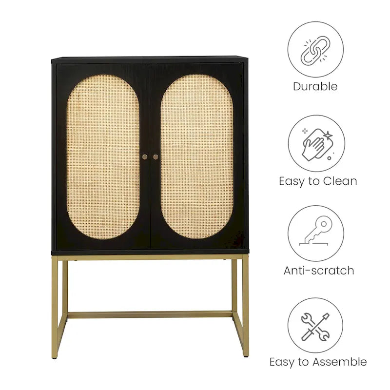 Armoire de rangement de bureau en rotin, meuble d'appoint à 2 portes avec étagère réglable - N/A