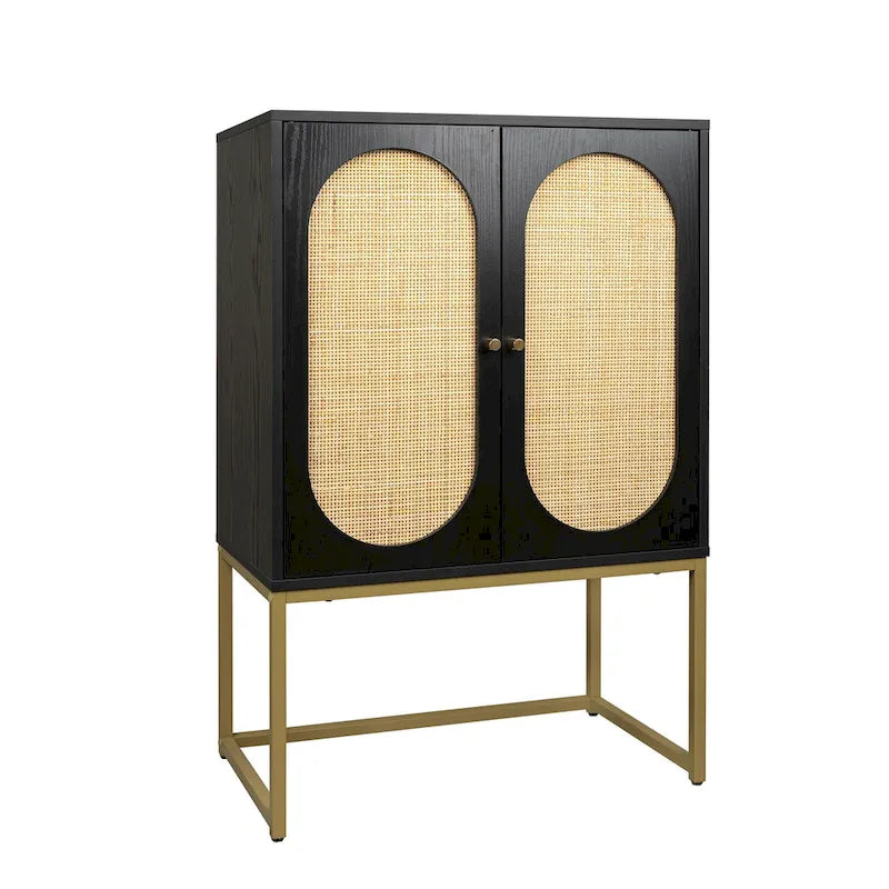 Armoire de rangement de bureau en rotin, meuble d'appoint à 2 portes avec étagère réglable - N/A