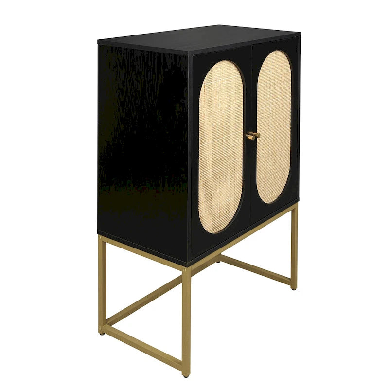 Armoire de rangement de bureau en rotin, meuble d'appoint à 2 portes avec étagère réglable - N/A