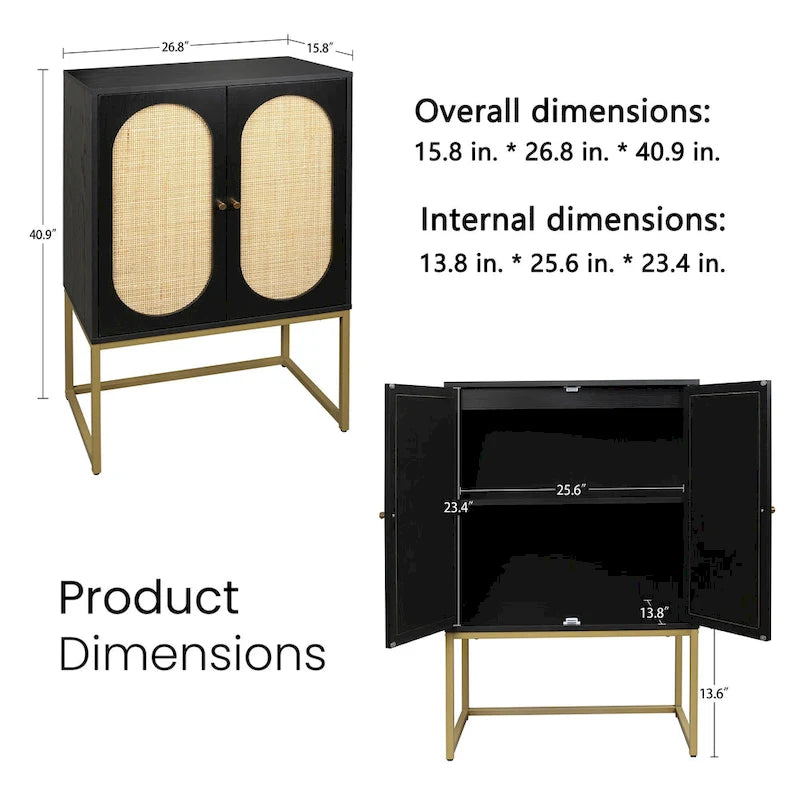 Armoire de rangement de bureau en rotin, meuble d'appoint à 2 portes avec étagère réglable - N/A
