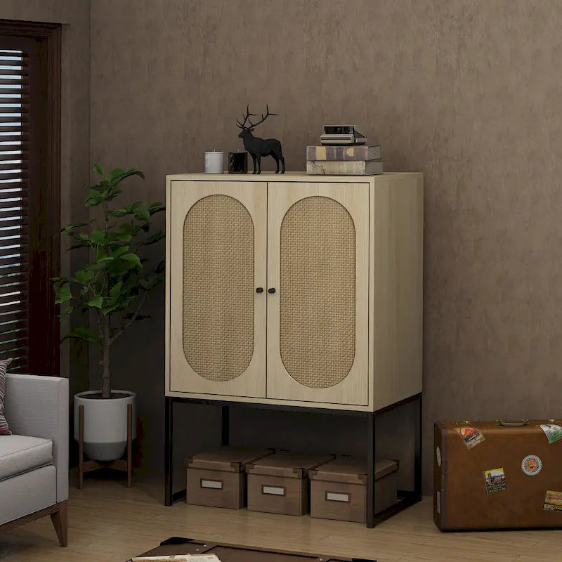 Armoire de rangement de bureau en rotin, meuble d'appoint à 2 portes avec étagère réglable - N/A