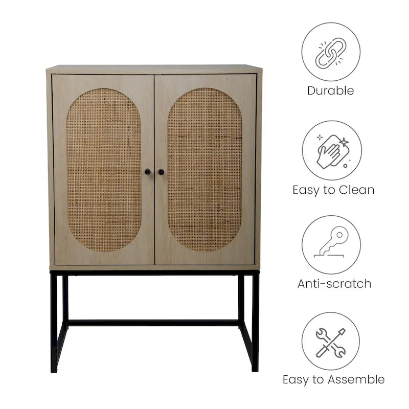 Armoire de rangement de bureau en rotin, meuble d'appoint à 2 portes avec étagère réglable - N/A