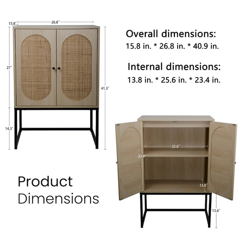 Armoire de rangement de bureau en rotin, meuble d'appoint à 2 portes avec étagère réglable - N/A