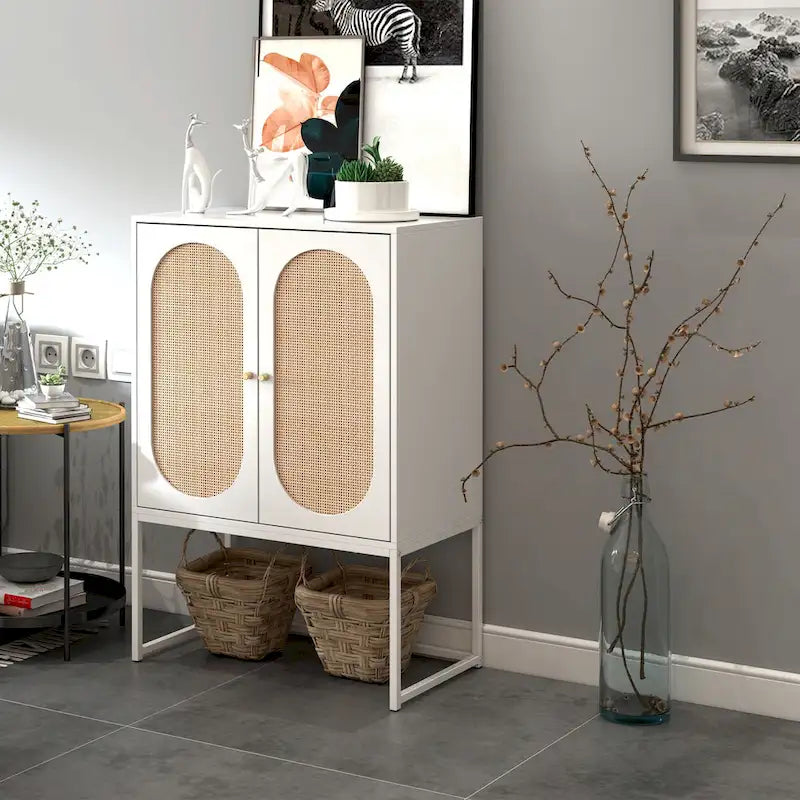 Armoire de rangement de bureau en rotin, meuble d'appoint à 2 portes avec étagère réglable - N/A