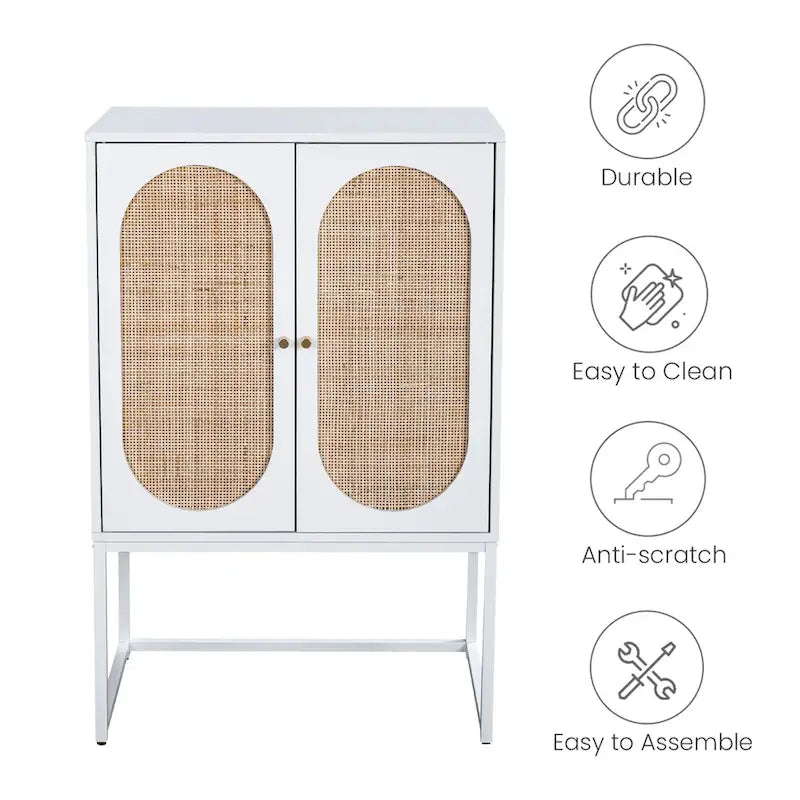 Armoire de rangement de bureau en rotin, meuble d'appoint à 2 portes avec étagère réglable - N/A