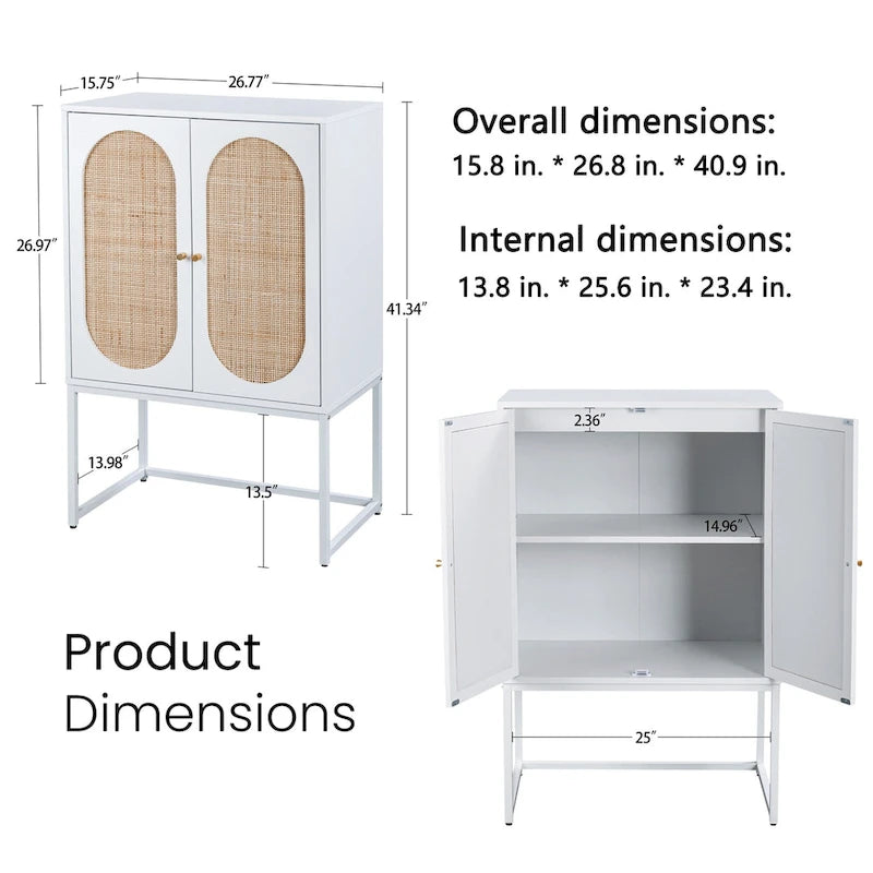 Armoire de rangement de bureau en rotin, meuble d'appoint à 2 portes avec étagère réglable - N/A