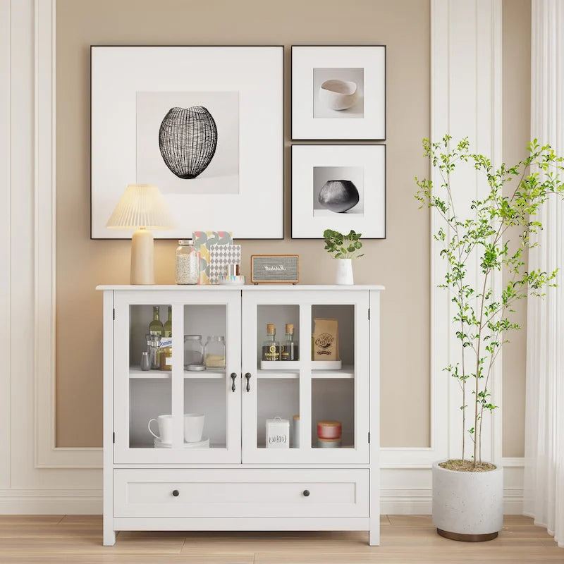 Meuble de rangement buffet avec double porte vitrée et poignée unique en forme de cloche